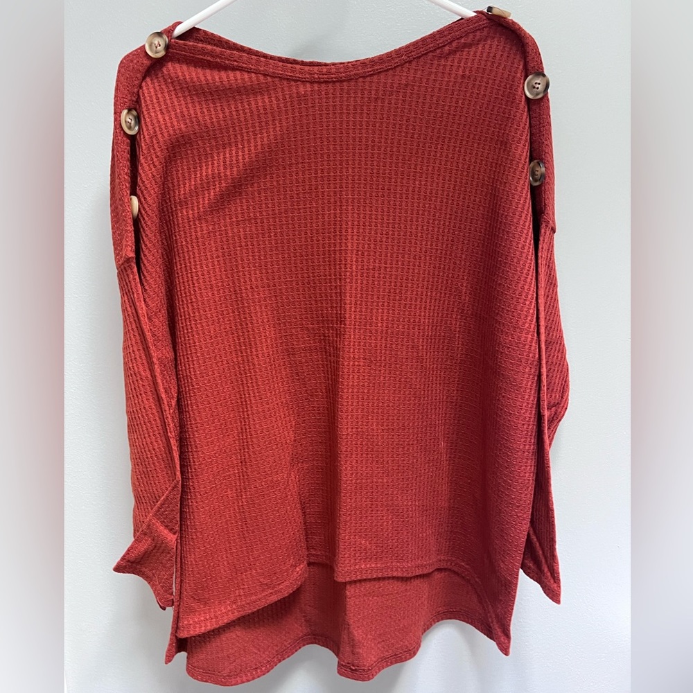 Rust colored button shoulder waffle knit Maternity top